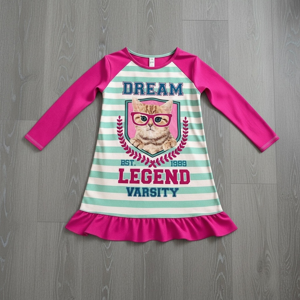 Girls Cat Stripe Long-Sleeve Nightgown - Pink/Mint - Size 7/8